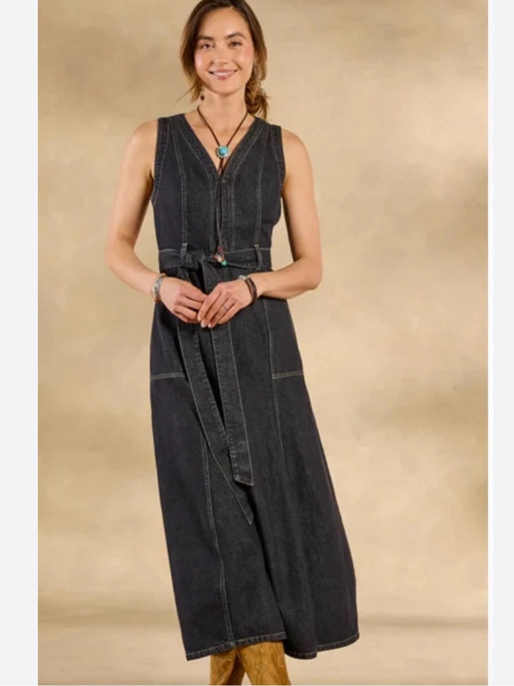 Sundance Washed Black Poppy Dark Wash Denim V-Neck Dress with Contrast Stitching